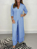 Conjunto Casual de Duas Peças com Decote em V e Fenda