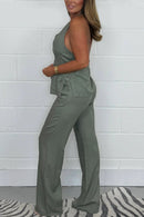 Conjunto Feminino de Colete com Botões e Calças de Linho com Gola Halter