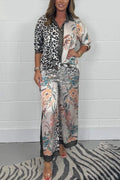 Conjunto Feminino de Calça e Camisa de Cetim com Estampa de Leopardo e Flores