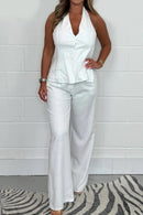 Conjunto Feminino de Colete com Botões e Calças de Linho com Gola Halter