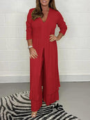 Conjunto Casual de Duas Peças com Decote em V e Fenda